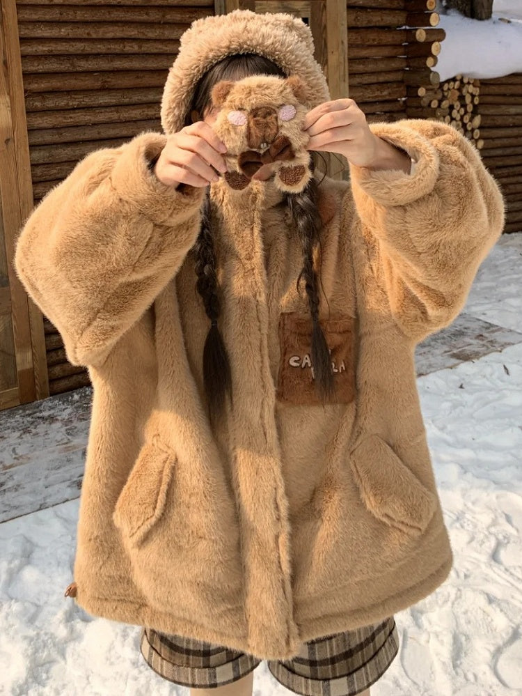 Cute Capybara Adorned Brown Plush Zip Hoodie