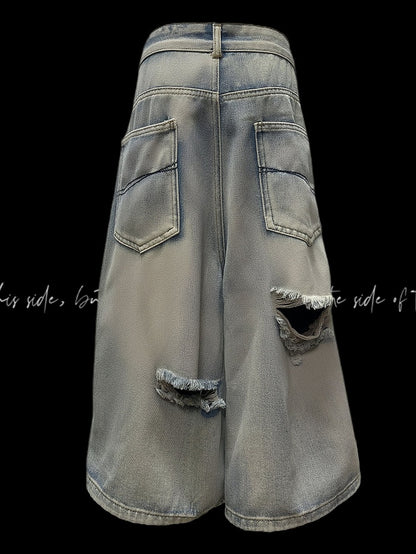 Blue Criss-cross Straps Design Distressed Holes Punk Jeans Y2K