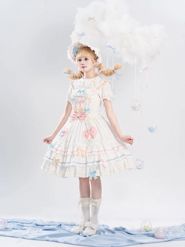 Bowknots White Ruffled Lace Trim Bonnet Macaron Color