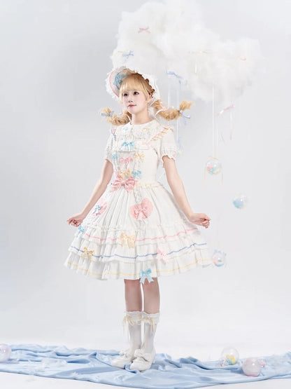 Bowknots White Ruffled Lace Trim Bonnet Macaron Color