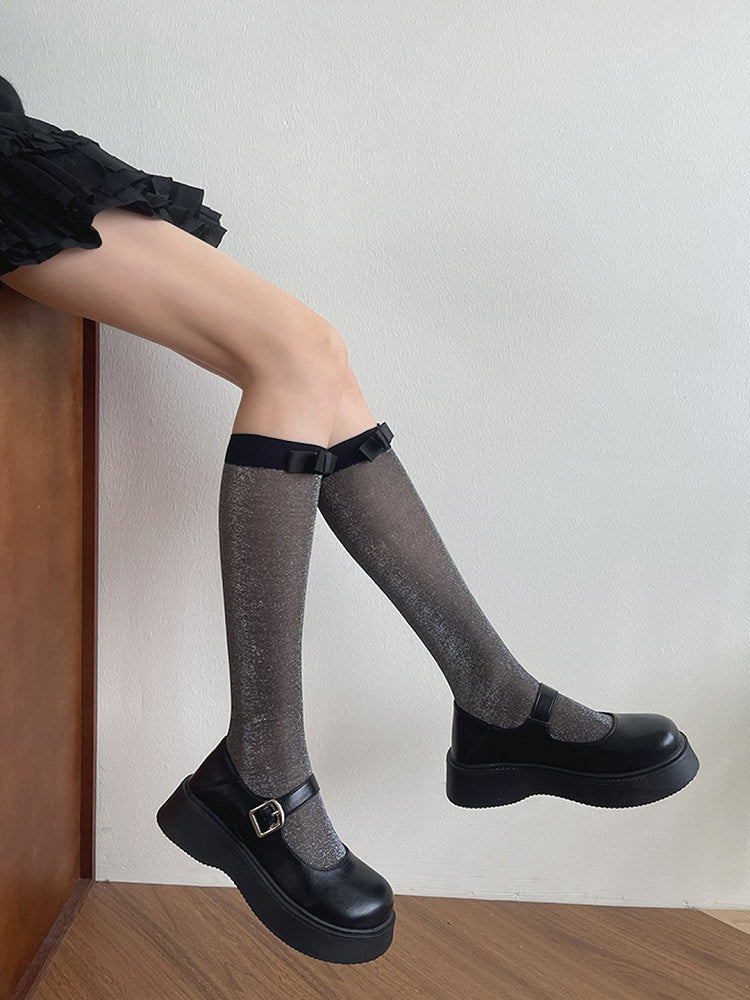 Grey/Black Underknee Details Bowknot Stockings Semi-sheer Light