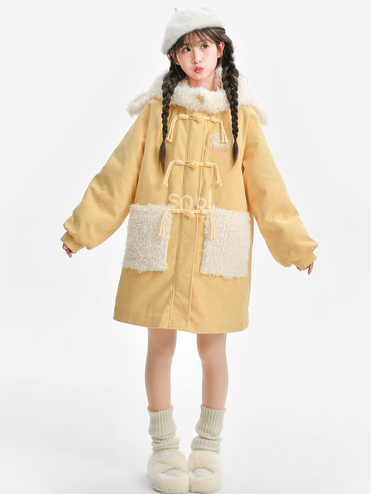 Milk Yellow Cute Lamb Hood Hooded Corduroy Duffle Coat