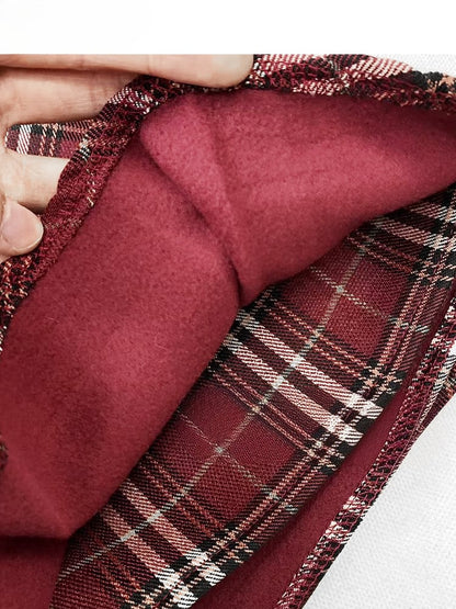 Wine Red Plaid Pattern Pleated Skirt