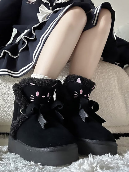 Black Kitty Bow Accent Fleece Lined Platform Winter Ankle Boots