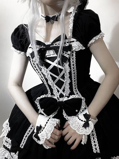 Lolita Sleeves Black Old Short Neckline School Piece Puff Square One and Dress Cotton