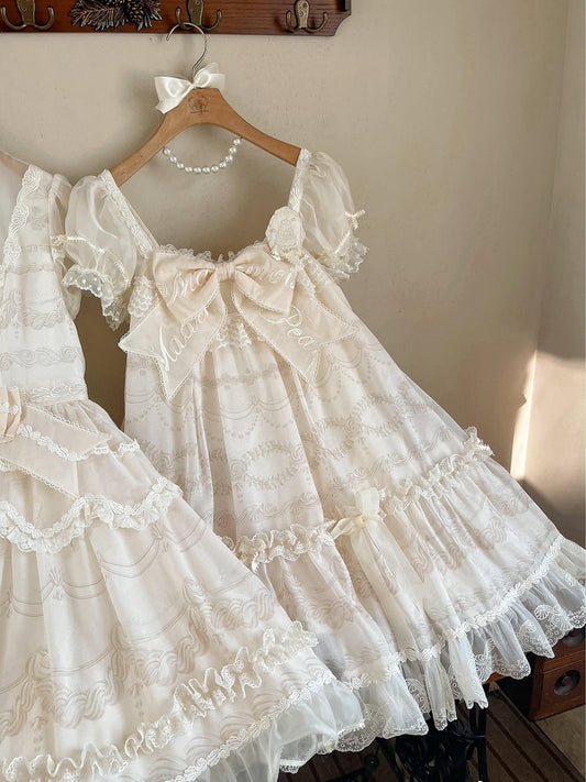 Sleeves Embroidered Print Bow Cream Neckline Dress Puff Lolita White Big Creamy