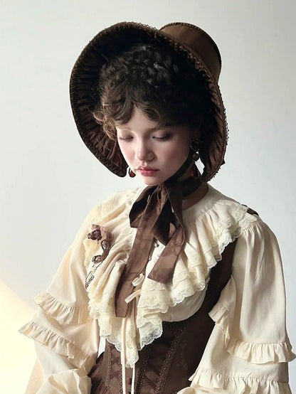 and Bonnet Bow with Trim Wide-Brimmed Lolita Lace Detail Black/Gray/Brown