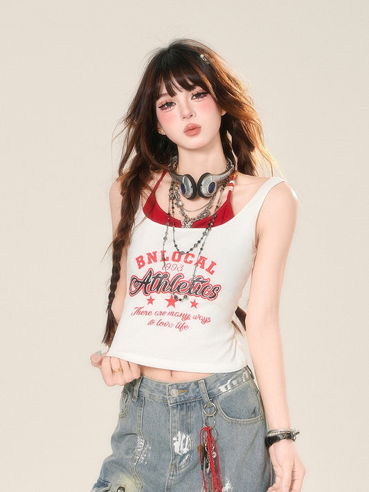 Print Glamorous Red and White Halter Neck Letter Two-pieces Tank Top Faux