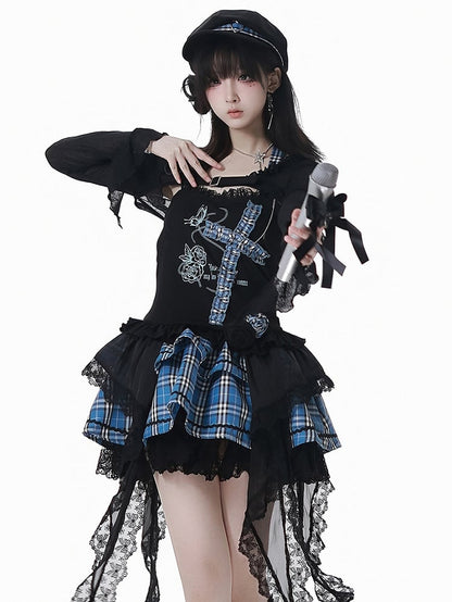 Blue Heart Black Plaid Pattern and Tiered Skirt Buckles Lace Trim Idol