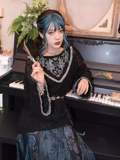 Style Hollow-out Black Hem Cheongsam Lace Top Tassel Seahorse and Coral Embroidery