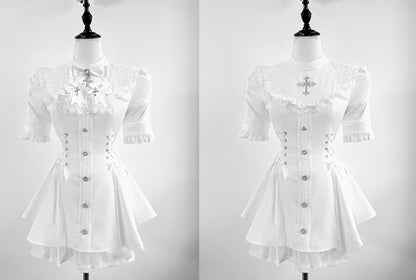 Bow Short Tie Bib Detachable Kei with Dress All-White Jirai Set Sleeve