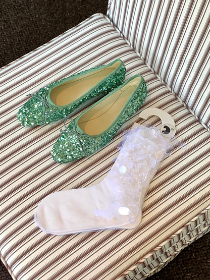 Calf Details Sequins Socks White