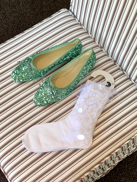 Calf Details Sequins Socks White