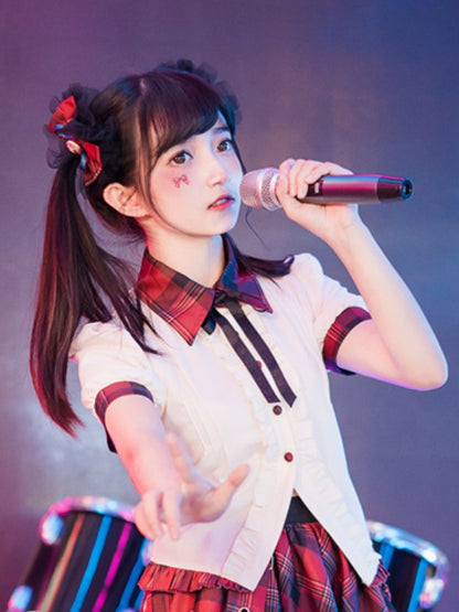 Contrast Red Plaid Trim Beige Idol Lolita Blouse with Lace-up Detail at Back