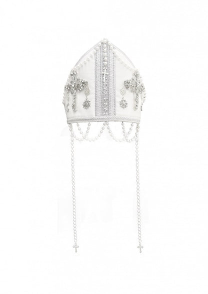 Miter Cross Decorated Beaded Chain White with Papal Bead
