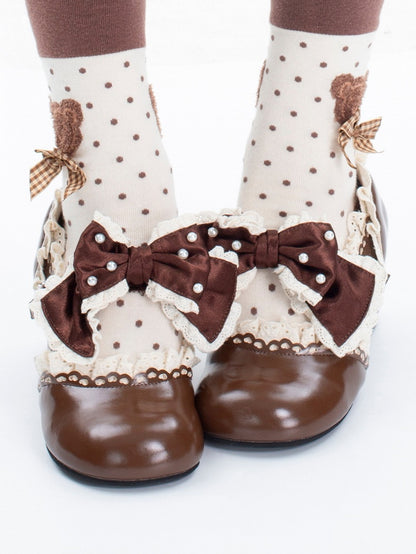 Brown Beaded Lolita Leather in Bow Trim Mid-heel Janes Heart Lace with Beads Mary Buckle Decorated PU