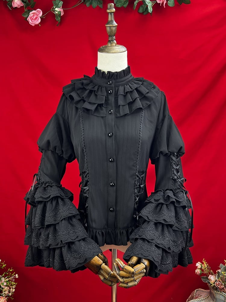 Neckline Ruffle Gothic Bell Jabot Black with Shirt Layered Sleeves Tie Kuro Lolita