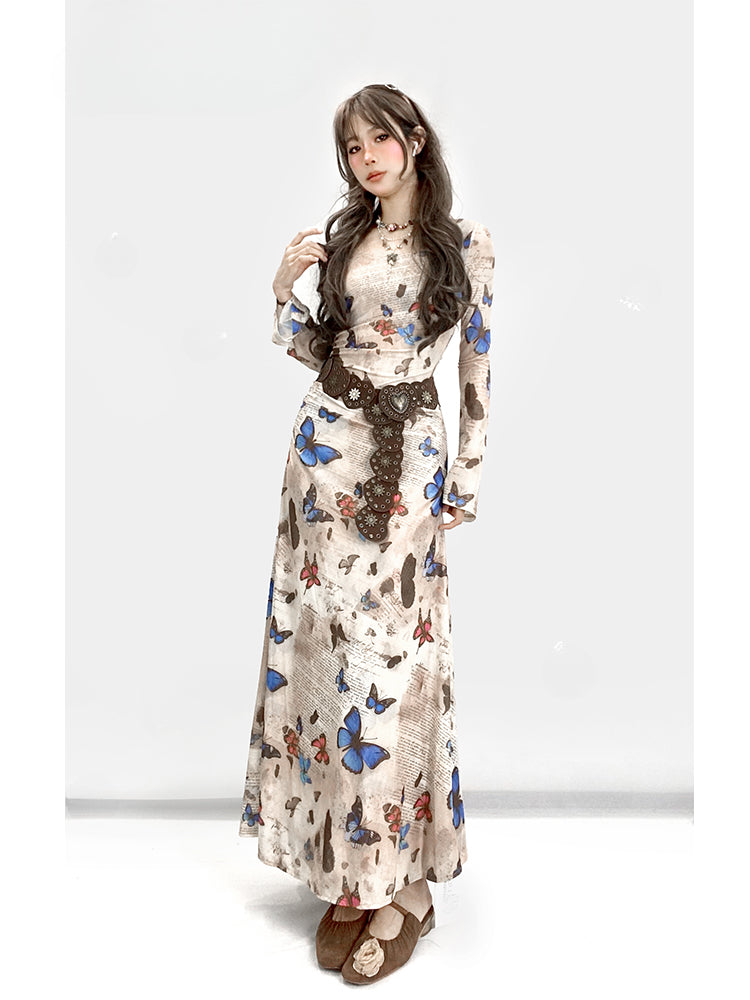 Millard Fashion Vintage Light Coffee Round Neck Butterfly Gathering Details Dress