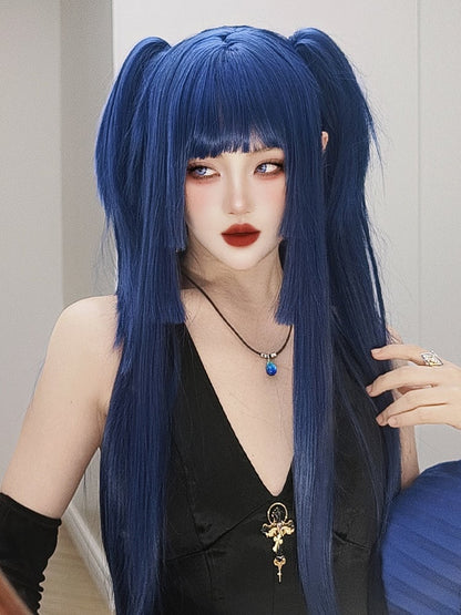 Blue Hime Cut Long Straight Synthetic Wig