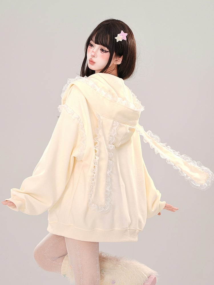 Blue/Apricot Bunny Ears Lace Trim Zip Hoodie
