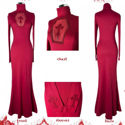 Gothic Red Coffin Cutout Cross Details High Neck Mermaid Skirt Maxi Dress