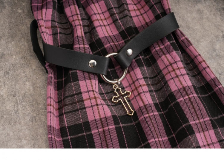 Pins Black and Pink Plaid Leg Sleeves