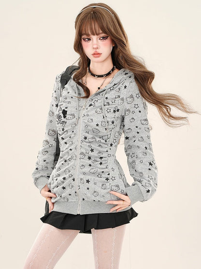 Grey/Apricot Kitty Allover Ruched Design Zip Hoodie