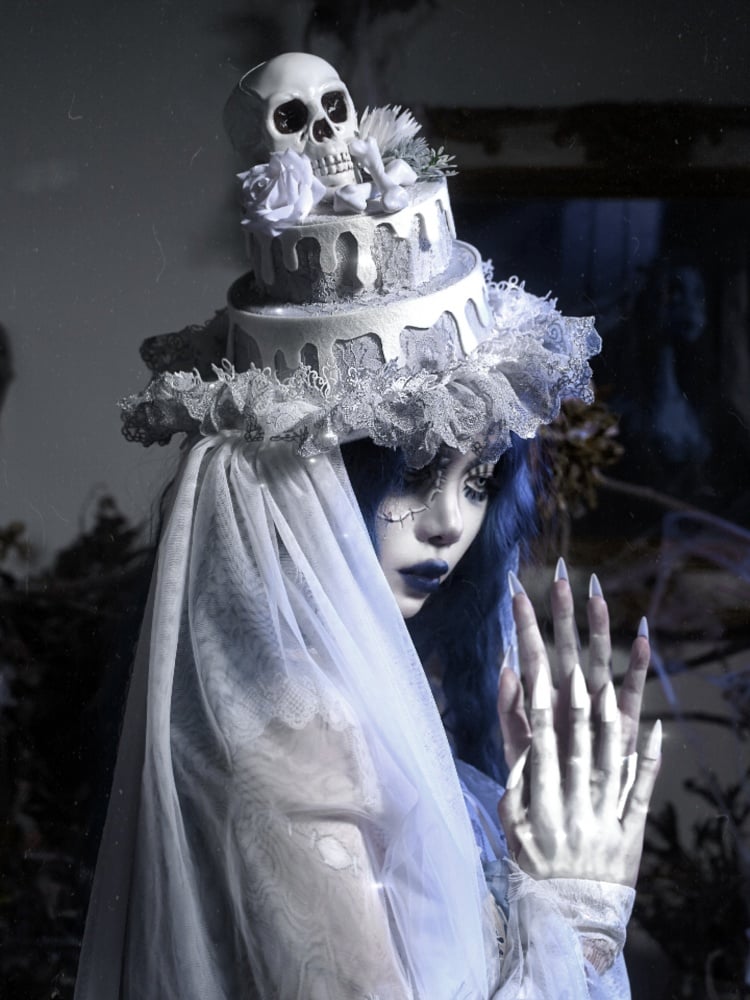 White Goth Halloween Bone and Flowers Cake Hat