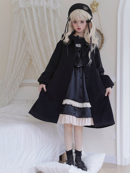 Black Delicate Floral Round Flat Collar Woolen Coat