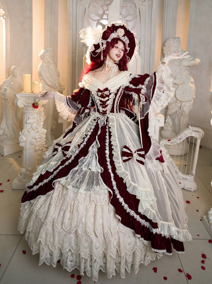 Hanayome Set Shimmering OP High-low and Velvet Lolita Gorgeous Full Dress White Red