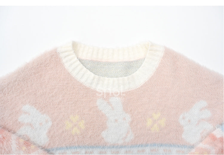 Pink Cute Bunnies Pattern Round Neck Soft Sweater