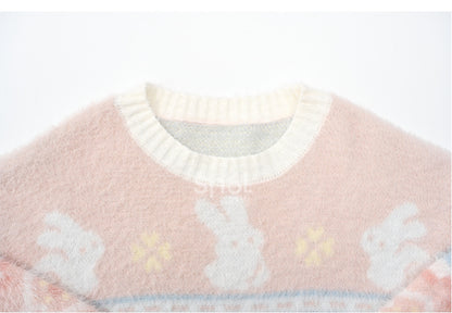 Pink Cute Bunnies Pattern Round Neck Soft Sweater