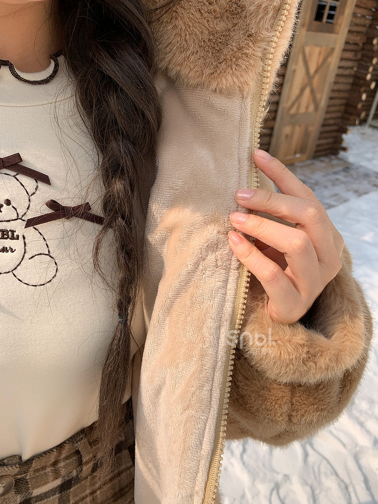 Cute Capybara Adorned Brown Plush Zip Hoodie