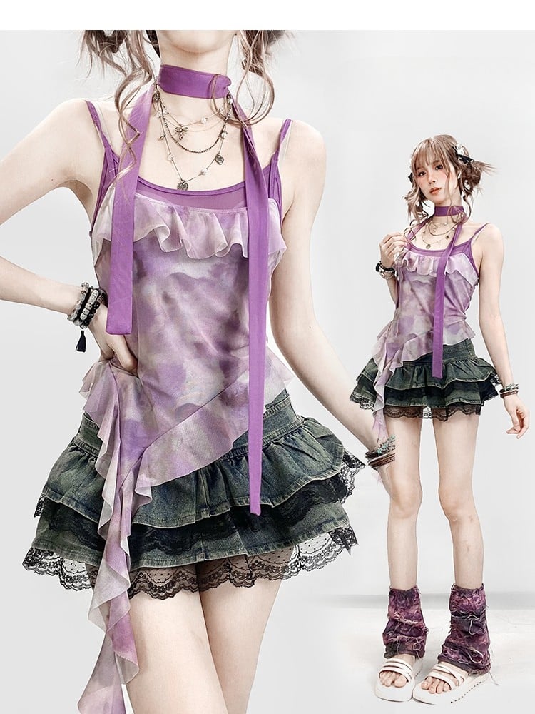 Purple Hem Asymmetrical Ruffles Top Design Dye + Tie Cami Scarf Y2K Trim