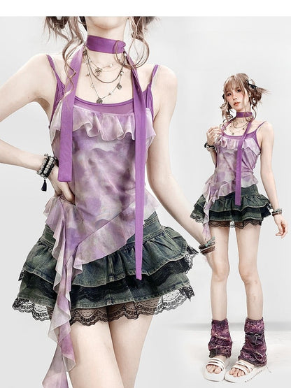Purple Hem Asymmetrical Ruffles Top Design Dye + Tie Cami Scarf Y2K Trim