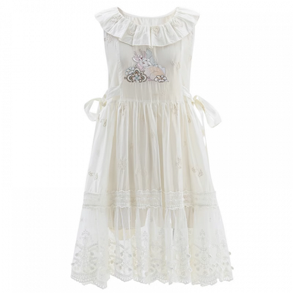 Side Self-tie Fawn Embroidery Chiffon Overdress Neckline with White Semi-Sheer Ruffle Straps