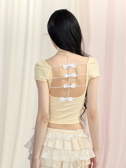 Backless T-Shirt Red/Yellow/Pink Glamorous Faux Two-Piece