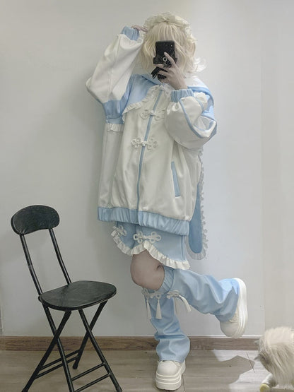 Tenshi Kaiwai Blue&nbsp;Jirai Kei Ruffled Trim Knot Button Shorts