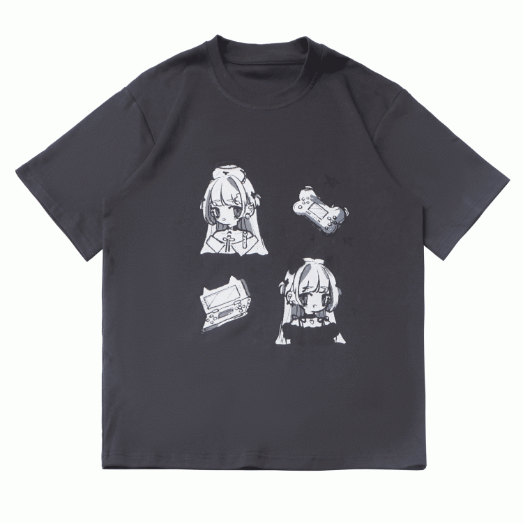 Graues T-Shirt Anime Girl Print Weiß/Dunkel Rundhals Baumwolle