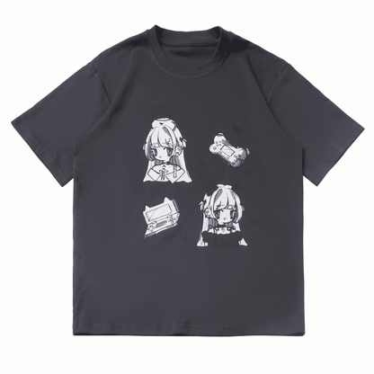 Graues T-Shirt Anime Girl Print Weiß/Dunkel Rundhals Baumwolle