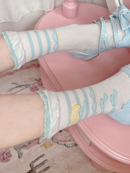Blue Ruffle Socks Bowknot Print Lolita Lemon Trims Calf Sweet