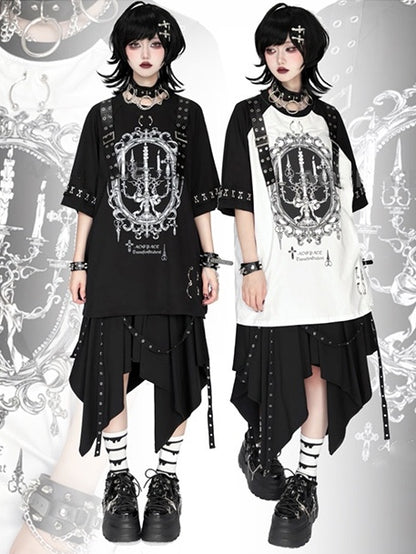 Shoulder Punk on Buckle Frame Print Picture with Cuffs Candelabra Rock Black White T-Shirt and - Details