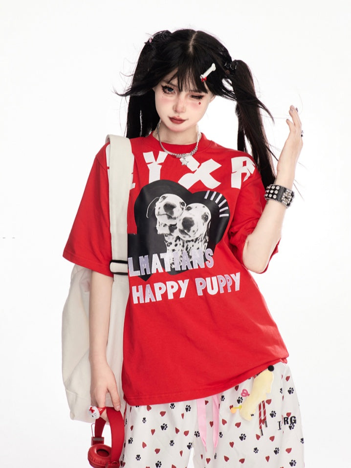 Red Crew Neck Dalmatian Print Vintage T-Shirt