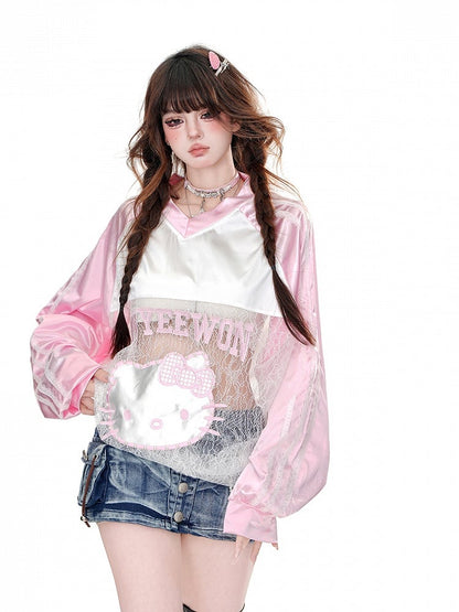 Kitty Pattern Contrast Lace Patches V-Neck Loose Sweatshirt