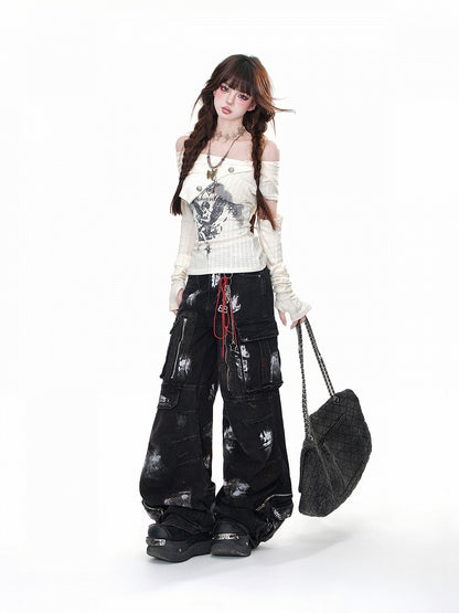 Apricot/Black Asymmetrical Neckline Angel Print Detachable Buttons Glamorous Knitted Top