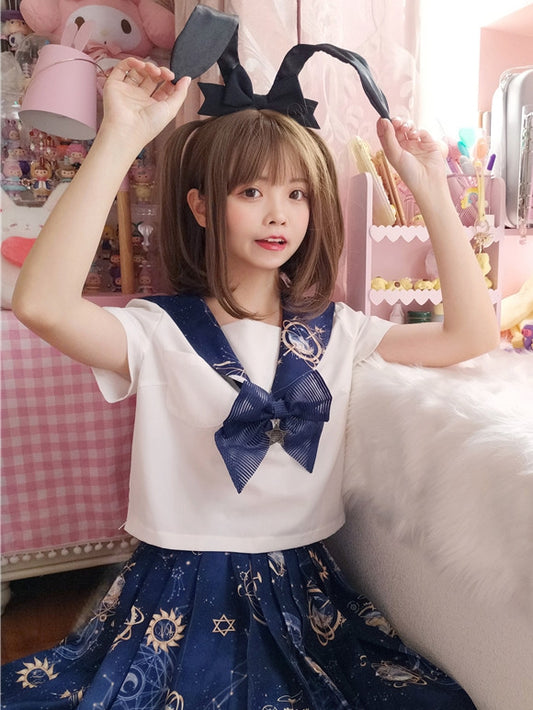 Dark Blue Celestial Globes Print Sailor Collar White JK Uniform Top