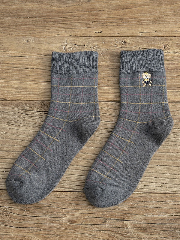 White/Black/Dark Grey Cute Bear Embroidered Striped Calf Socks