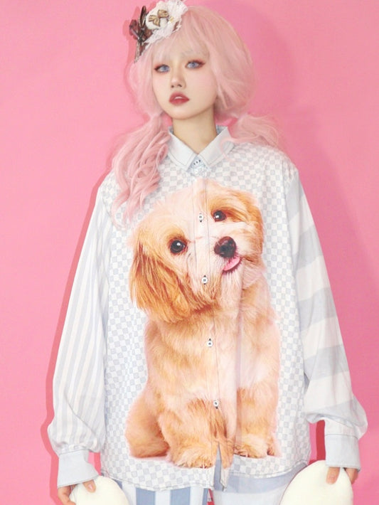 Und Druckmuster Puppy Gyaru Fashion gestreiftes kariertes graues Hemd