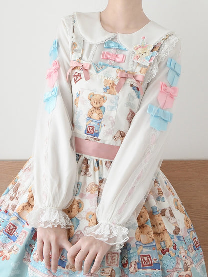 White Peter Pan Collar Long Balloon Sleeves Blouse Adorned with Pink and Blue Bows