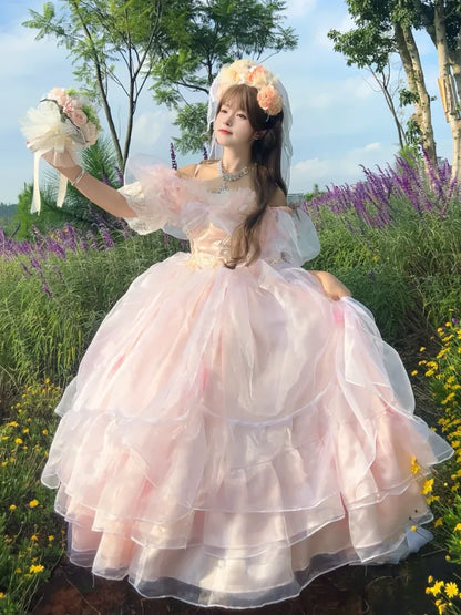 Hanayome Verfügbares rosafarbenes baskisches Taillen-Schnürkleid, wunderschönes Hime-Kleid in Übergrößen